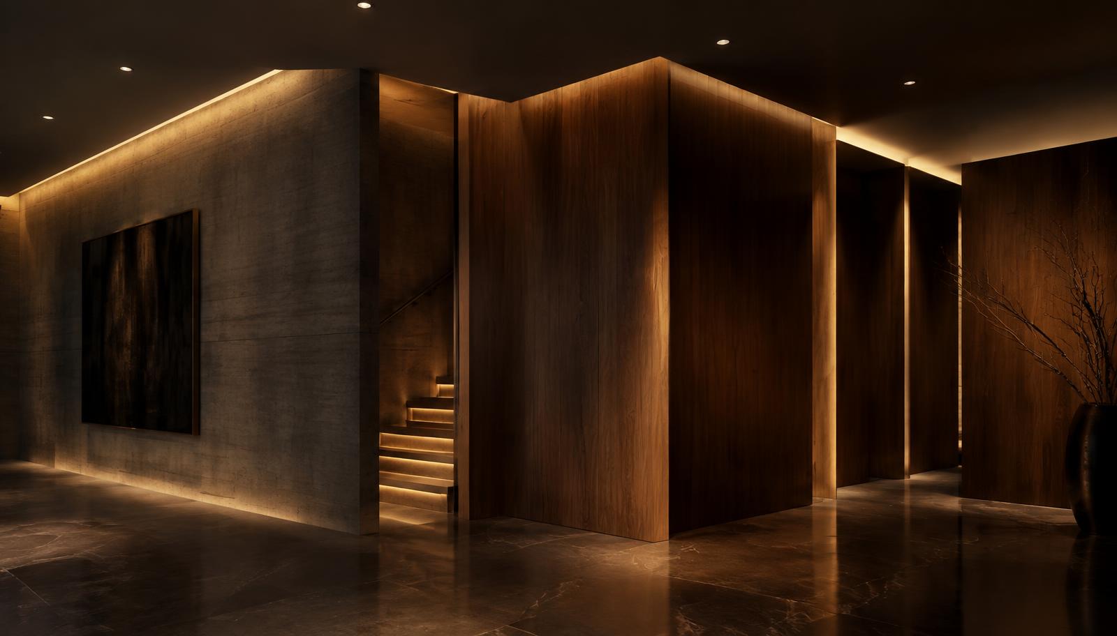 Timber and concrete walls grazed by warm concealed architectural lighting