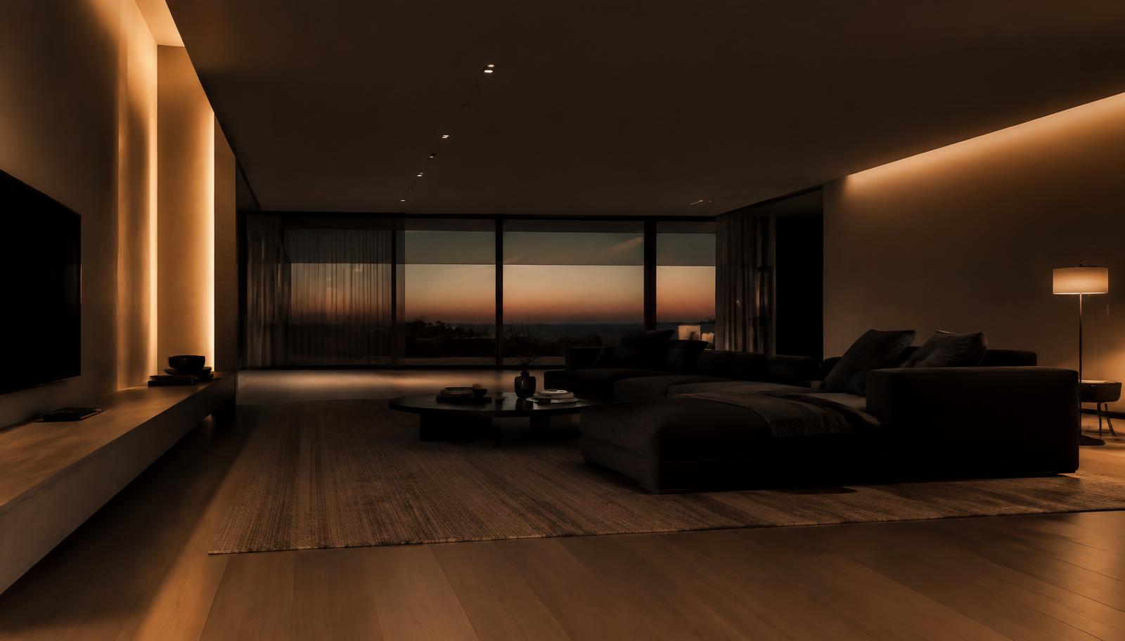 Minimal living room at dusk lit with warm concealed wall and ceiling lighting