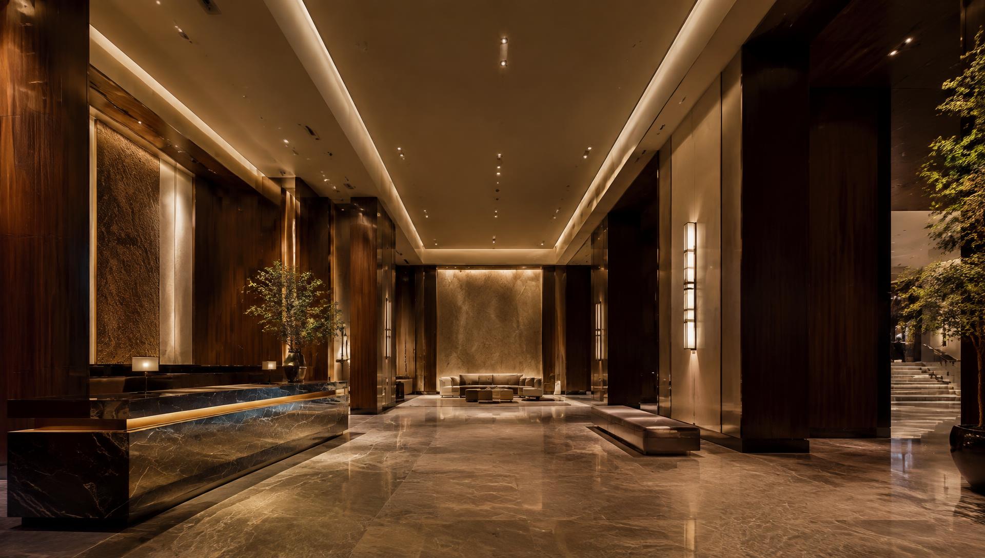 Hotel lobby illuminated with architectural cove lighting and recessed downlights