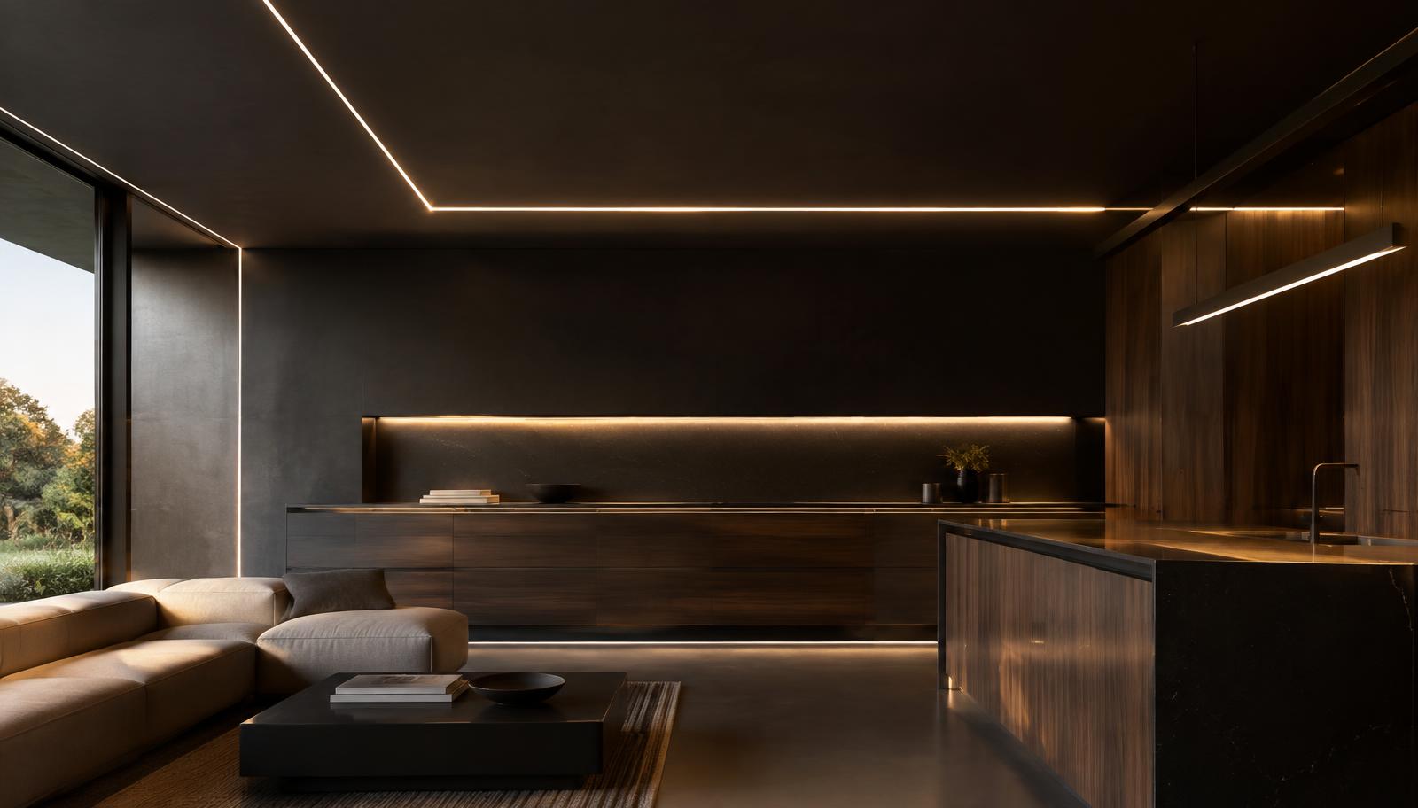 Continuous recessed linear profile lines on a dark ceiling with lit cabinetry below