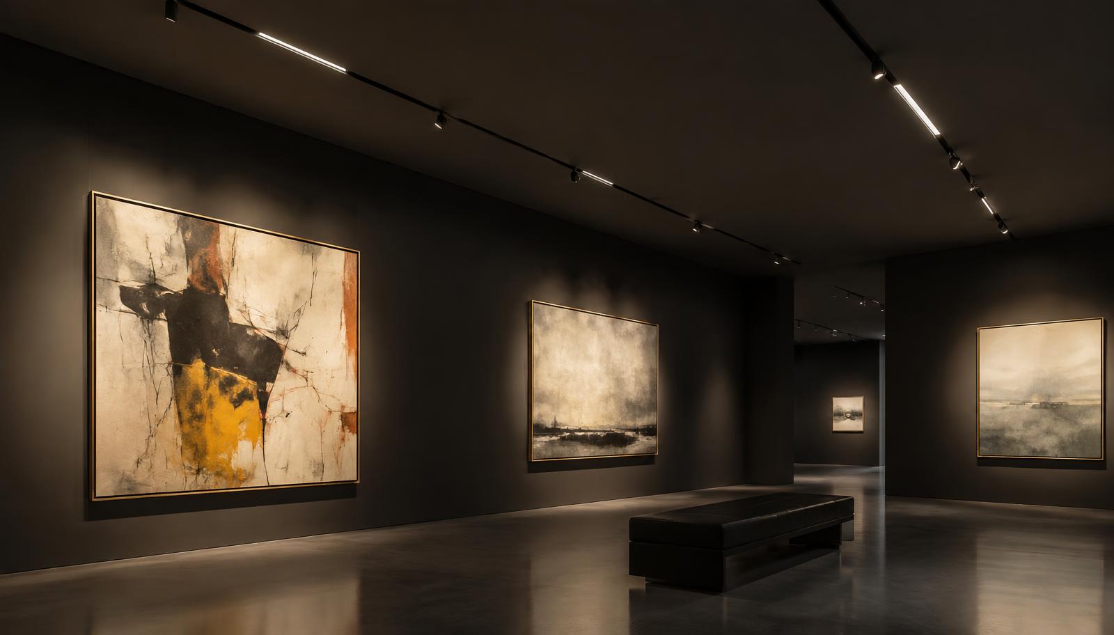 Slim black magnetic track with spotlight and linear modules lighting artwork in a gallery