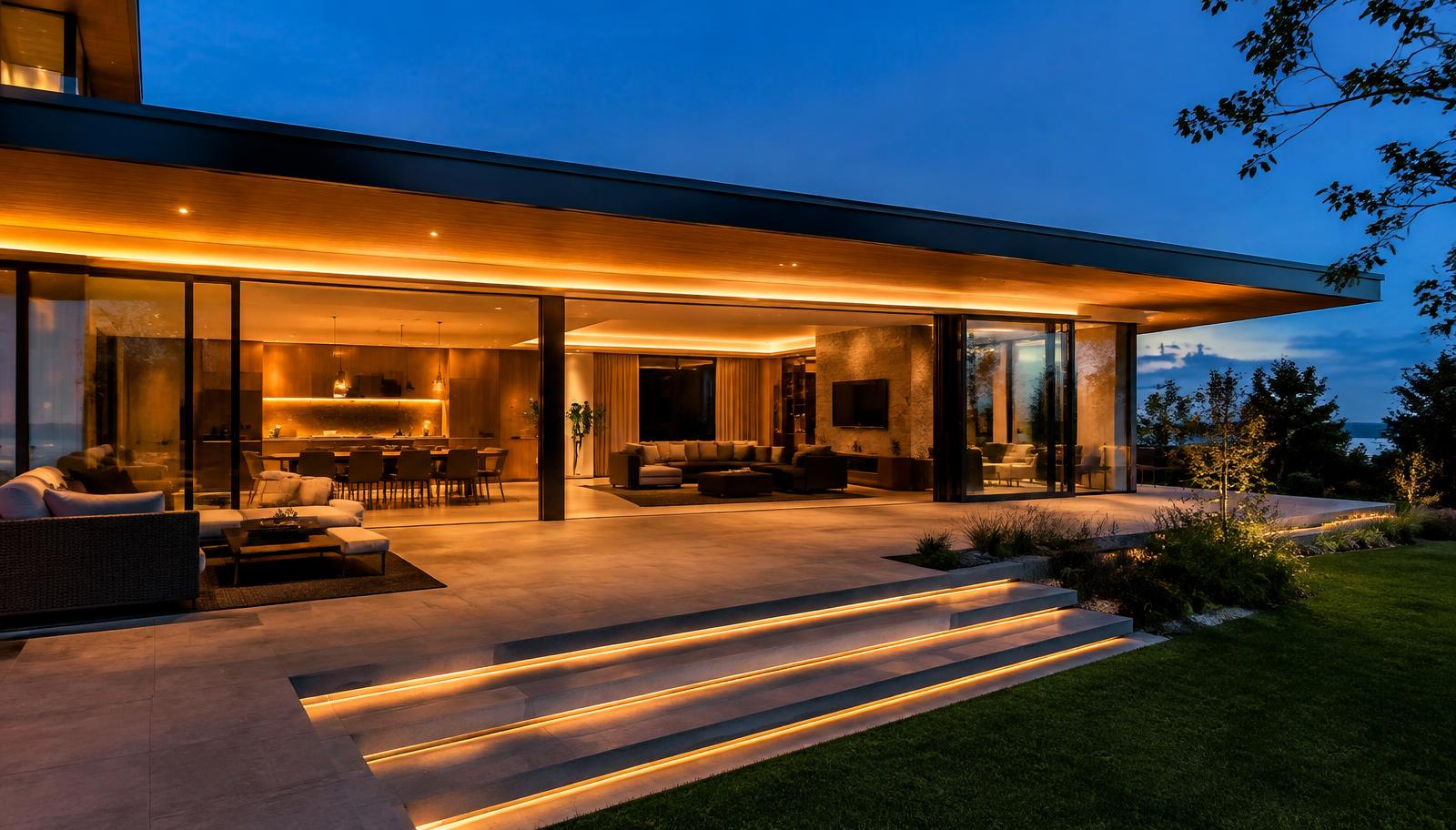 Modern home at blue hour with layered interior lighting and illuminated garden steps
